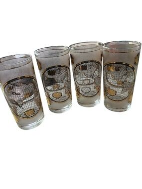 Vintage Cera High Ball Glasses 22k Gold  Terrarvm Orbis Geographica World Map